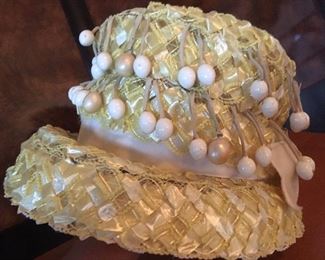 Yellow and white straw hat with velvet box and dangle beads
