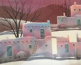 Large framed litho print "Adobe Pueblos" by Dorothy Drum