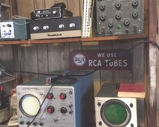 CB radio equiopment, RCA metal advertising sign, Oscillators; this photo of an overall grouping; detail photos of each follow