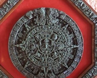 Vintage octagonal "Aztec Sun" wall plaque in dimensional carved stone with red velvet inlay from Cuernavaca, Morelos by Creaciones Zarebski
