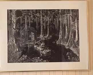 Framed b&w litho print of scratchboard "On the Bayou", numbered #292/500 and signed in pencil by artist Jack W. Lawrence