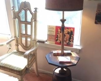 Another end table/lamp combo with burlap barrel shade and wood barrel with metal staves as base