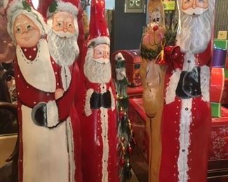 Large cyprus wood Santa with Rudolph, Santa and Mr & Mrs. Claus, carved, hand-painted and signed by Louisiana artist Dawn LeBlanc
