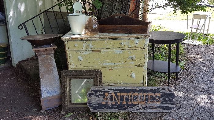 "Antiques" sign, mirrors, dressers, pedestals, enamelware and more!