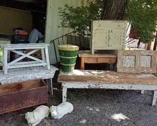 Numerous primitive and distressed tables, farm tables, boxes, benches, etc!