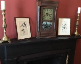 Bird prints on the mantle in the Library
