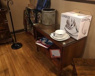 Dishes set crock misc for sale. Cabinet is not for sale.