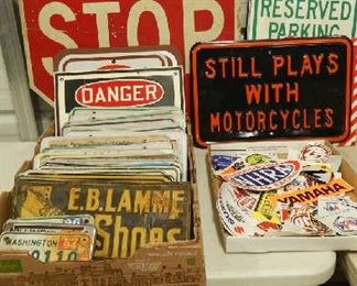 HUGE INVENTORY OF VINTAGE/ANTIQUE LICENSE PLATES, VINTAGE AND REPO SIGNAGE, MOTORCYCLE DECALS GALORE