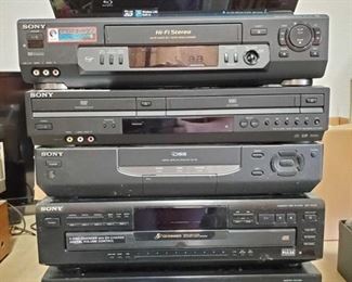 504:
Sony 3D Blue Ray Player, Video Cassette Player, DVD/VHS Player, Satellite Reciever and More
More electronic goodies here
*Sony 3D Blu-ray disc player with Wi-Fi and HDMI cable, model #BDP-BX510
*Sony DVD/VCR with Hi-Fi Stereo, auto clock set and auto head cleaner, model #SLV-D281P
*Sony VCR Plus+ Timer programming with auto clock set, remote command, and auto head cleaner, model #SLV-N70
*Sony SAT-B2 digital satellite receiver base unit with timer. This system is hard to find!
*Sony CD Player with 5-CD changer, model #CDP-CE405
*Sony AV control center, FM stereo/FM-AM receiver with HiFi engine. 100 WPC, model #STR-D865
*Toshiba DVD recorder with 1080p upconversion, remote included.
*Vibe HDMI 6ft cables, Matix SVL10 connectors, remote, accessories case, MFJ headphones.