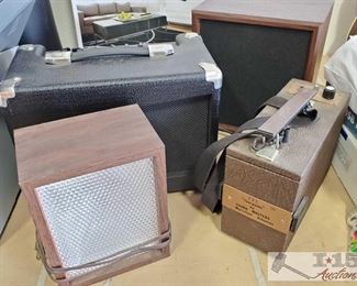428:
Maestro Guitar Amplifier, Strobe Light, "Tour Guide" by Sound Masters and a Bogen Speaker
Major vintage audio equipment!! A 1976 ArcherKit strobe light; a vintage tour guide system used for professional audio engineering; 2007 Maestro M-15 series combo guitar amplifier; Bogen medium loudspeaker.