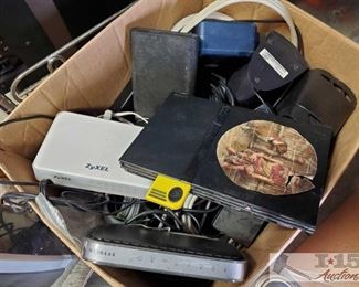 436: Play Station, wireless routers, speakers, plugs, wires, desk speakers
More electronic goodies!!
*NetGear wireless N-150 router with speeds up to 150 Mbps, good for small to medium-sized homes. model#WNR1000
*ZyXel X150N wireless-N broadband router
*Playstation with plugs, wires, desk speakers, and accessories