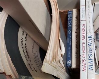 456:
World maps, wall mural, books of geographic historical marks
Awesome historic treasures!! Maps of the entire world!
*A National Geographic World Executive Mural Wall Map (106.25 X 76.5) done in antique style colors. This type of map was made to be hung using wallpaper paste.
*A copy of the 18th Stanford Research US census done in 1960 by 5-kilometer quadrangles.
*Maps of North America, Maps of War, Ambassador World Atlas, Czerkas Dinosaurs