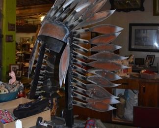 Native American Headdress Metal Art Sculpture 