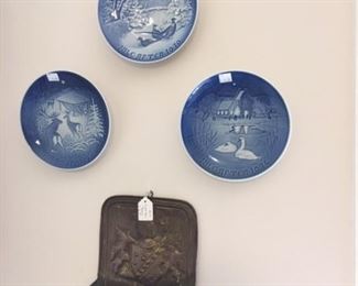 Danish plates and antique brass match holder