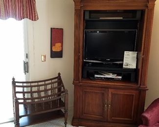 Entertainment center, newer TV, Canterbury rack for magazines, books, music, etc.