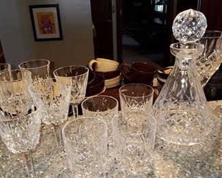 Waterford decanter, tumblers & stems in "Lismore" pattern