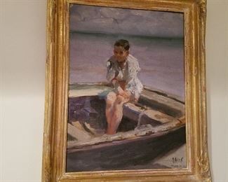 Oil on canvas (laid on board) of boy in boat. In lower right: "M. Alten, Valencia, 1912". Painted when he was in Spain. Approx size 12" x 9". Fresh to the market (never been out of family since purchased from artist).