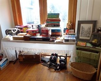 Board games, bowling equipment and some exercise equipment.