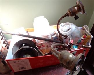 Antique 4-arm brass light fixture with etched shades.