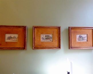 Trio of antique Hildebrand hand-colored prints in leather frames. 