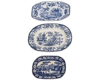 7. Lot of Three 3 Antique English Blue and White Platters