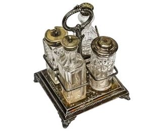 35. Antique English Silver Five 5 Piece Cruet Set wStand