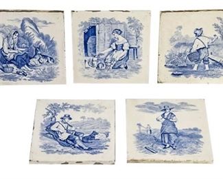 42. Lot of Five 5 Antique Blue and White Tiles