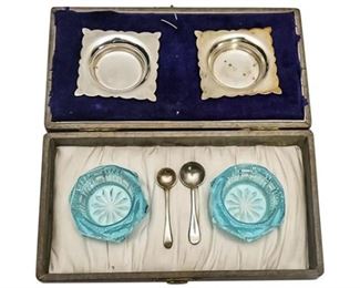 78. Pair of Blue Glass Salt Cellars in Silver Plate Holders