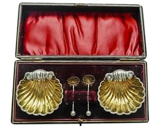 110. Antique Pair English Sterling Silver Salt Cellars wSpoons