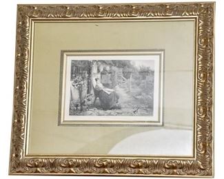115. Charles Cousen The Convalescent Antique Steel Plate Engraving wFrame