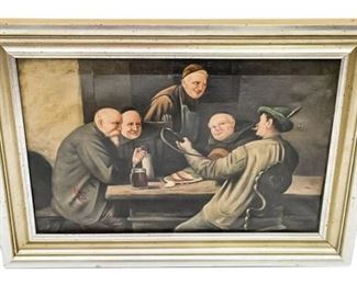 128. Antique Oil Painting of Travelers at Table