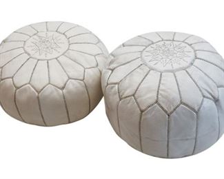 165. Lot of Two 2 White Leather Hassocks or Ottomans