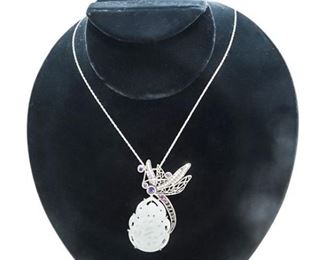 173. Fine Sterling Silver Chinese Design Pendant wCarved Jade