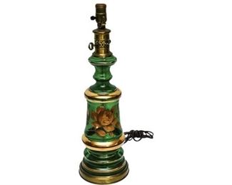 179. Green Glass Gold Painted Floral Design Table Lamp