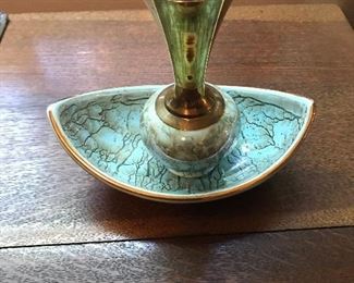 Retro brass Vase  w Turquoise gold leaf trim