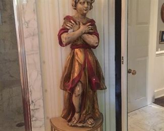 Woman in red wood carved statue w/base