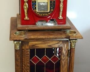 Mills 1940 25-Cent Golden Nugget Slot Machine, Serial #00342, Includes Keys, Coins Not Included, Mounted To Solid Wood Single Door Cabinet