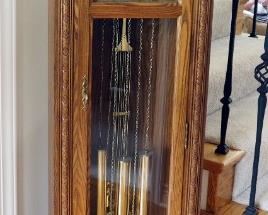 Seth Thomas, Tempus Fugit Carved Solid Wood Case/ Grandfather Floor Clock With Key And Original Paperwork Model Number 4487, 74.5" H x 18.5" W x 9.5"