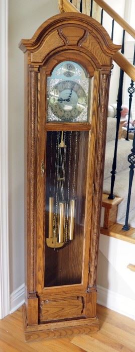Seth Thomas, Tempus Fugit Carved Solid Wood Case/ Grandfather Floor Clock With Key And Original Paperwork Model Number 4487, 74.5" H x 18.5" W x 9.5"