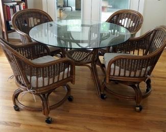 Glass Top, Bamboo And Wicker Dinette With 4 Rolling, Matching Chairs