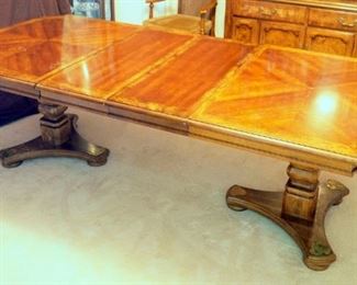 Solid Wood Double Pedestal Inlay Dining Room Table With 2 Leaves 29" H x 90.5 " L 42" D
