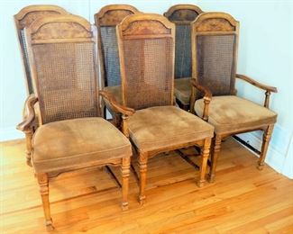 Cane Back Barrel, Wood Inlaid Dining Chairs, Quantity 6, 2 Captains
