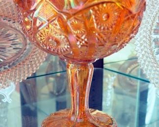 Cut Carnival Glass Pedestalled Candy Bowl With Basket Cut Glass Serving Set, Quantity 2, Total Quantity 3 Pcs