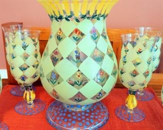 Hand Painted Beverage Service Set, Including 6 Goblets And Serving Bowl, Total QTY 7