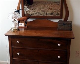 Antique Solid Wood 3 Drawer Dresser With Hand Carved Beveled Glass Mirror