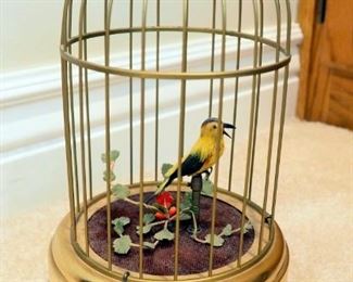 Antique West German Animatronic Musical Bird in Cage, 10" Tall