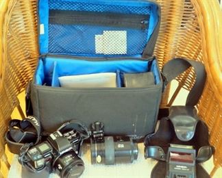 Minolta 7000AF Maxxum With Leather Case, 2800AF Flash In Case, And AF Lens 100-200, With Carrying Straps, Carrying Case And More