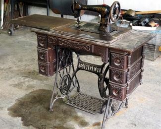 Antique "The Singer Manual ..." Cast Iron Treadle Sewing Machine In Wood Cabinet With Sewing Notions
