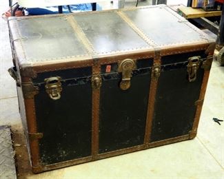 Antique Excelsior Metal Steamer Trunk With Brass Hardware And Leather Handles 25"H x 38"W x 24"D