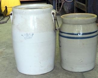 Vintage Stamped Pottery Crocks, Qty. 2, 5 Gallon With Handles And Lid, 3 Gallon Without Lid